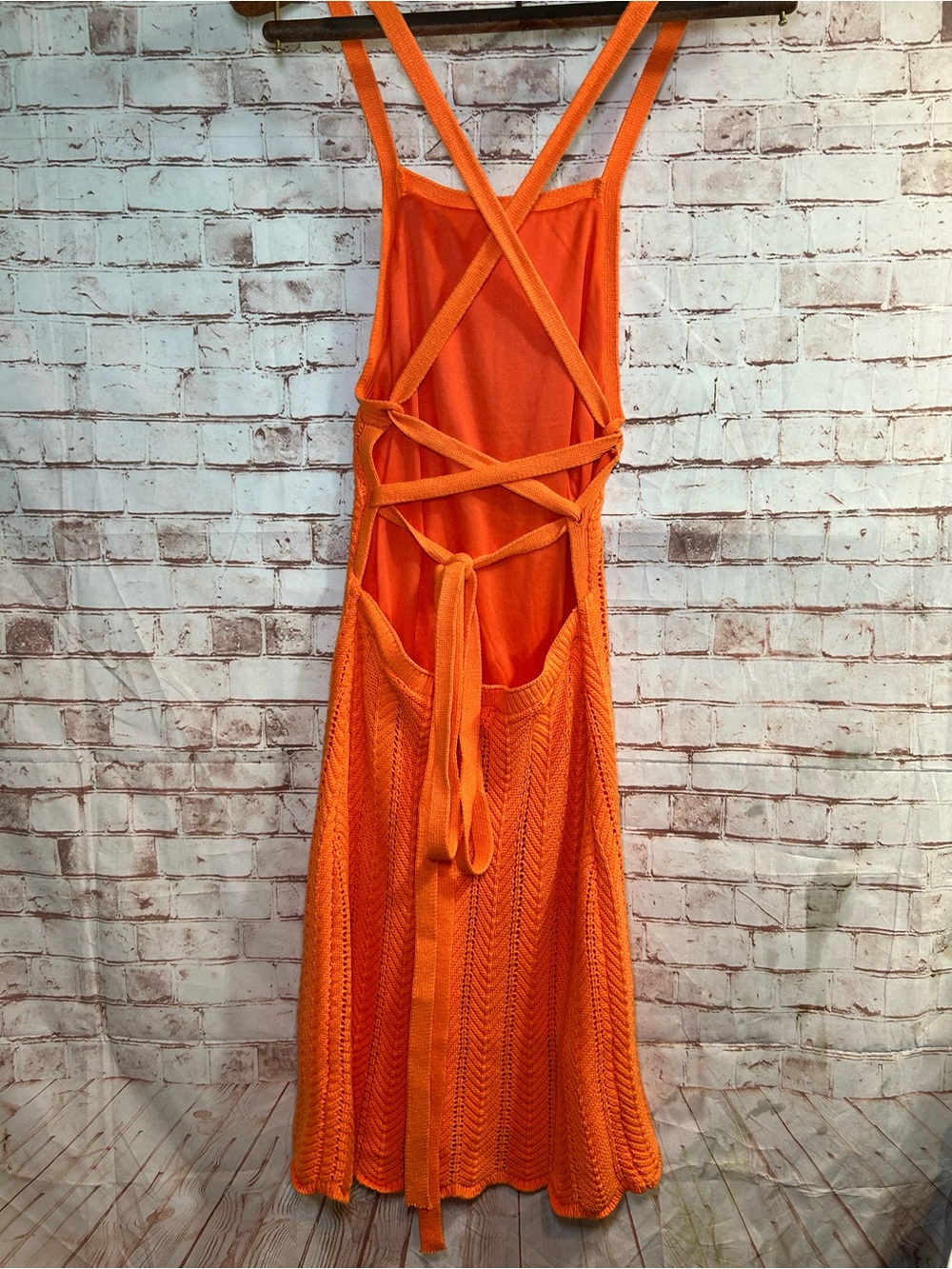 Orange Crochet Knit Sundress Open Tie Back Resort Vacation Midi Dress Sz Small - Picture 4 of 6